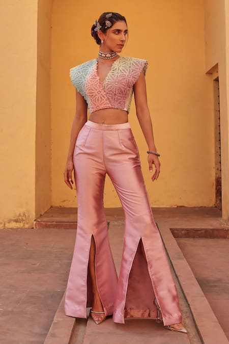 Label Moni K Multi Color Kota Doria Embroidery V-neck Knitted Top And Dual Tone Pant Set 