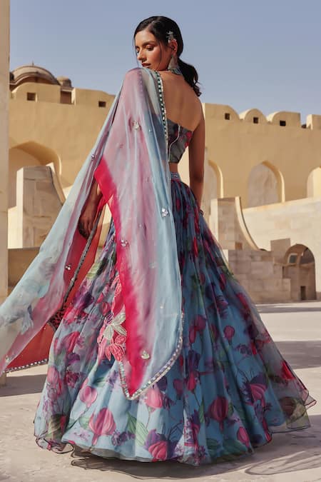 Shop Label Moni K Blue Organza Embroidery, Sequins Halter Neck Light Floral Printed Lehenga Set Online at Aza Fashions Shop_Label Moni K_Blue Organza Embroidery, Sequins Halter Neck Light Floral Printed Lehenga Set _Online_at_Aza_Fashions