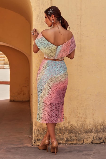 Label Moni K Multi Color Knitted Blouse & Skirt Set 