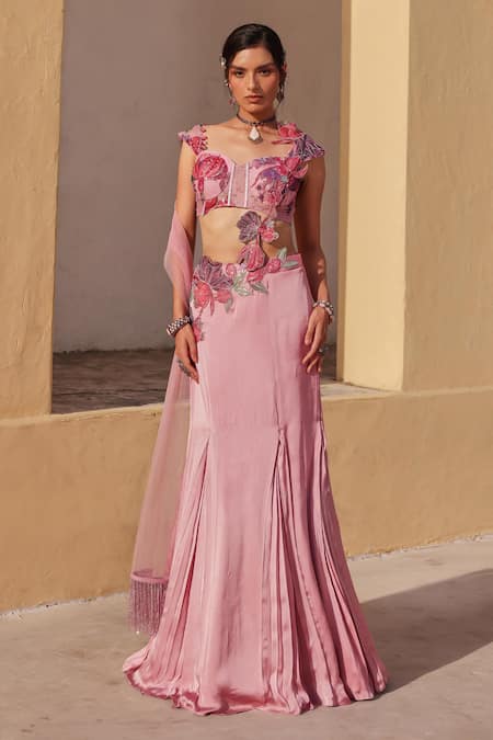 Label Moni K Lavender Organza, Satin, Net Embroidery Round Neck Fusion Lehenga Set 