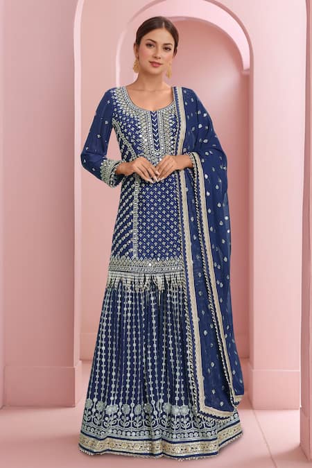 Samyukta Singhania Blue Georgete Embroidered Sequin Round Straight Kurta Sharara Set 