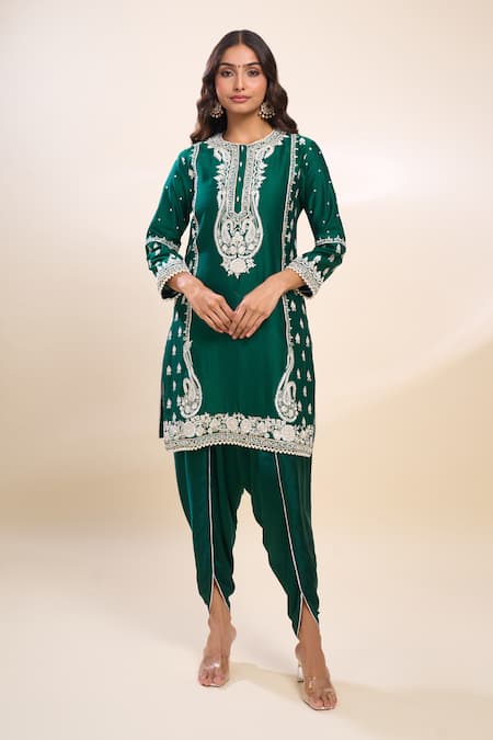 Buy_Sheetal Batra_Emerald Green Embroidery Round Neck Kurta And Dhoti Set 