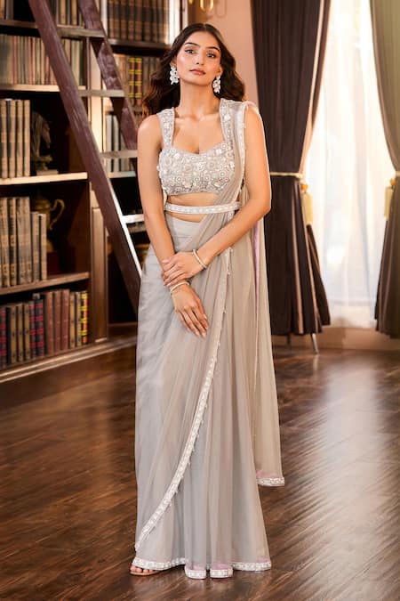 Aariyana Couture_Gray Tulle, Modal, Satin Embroidery, Pearls Grey Hand Pre-draped Saree Set_Online_at_Aza_Fashions