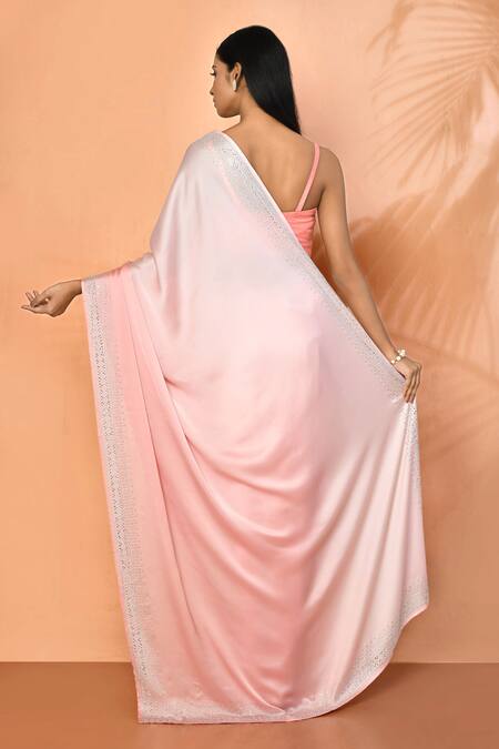 Shop Samyukta Singhania Peach Satin Stones Embellished Border Ombre Saree With Running Blouse at Aza Fashions Shop_Samyukta Singhania_Peach Satin Stones Embellished Border Ombre Saree With Running Blouse_at_Aza_Fashions