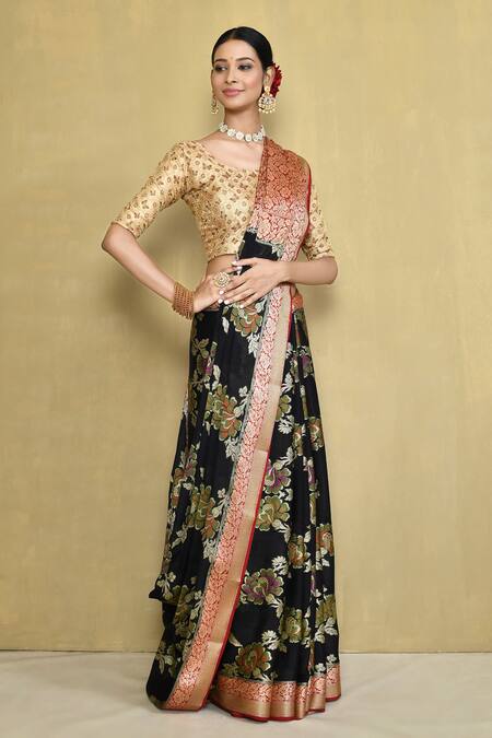 Buy_Samyukta Singhania_Black Chiffon, Georgette Embroidery Floret Woven Saree With Running Blouse _Online_at_Aza_Fashions