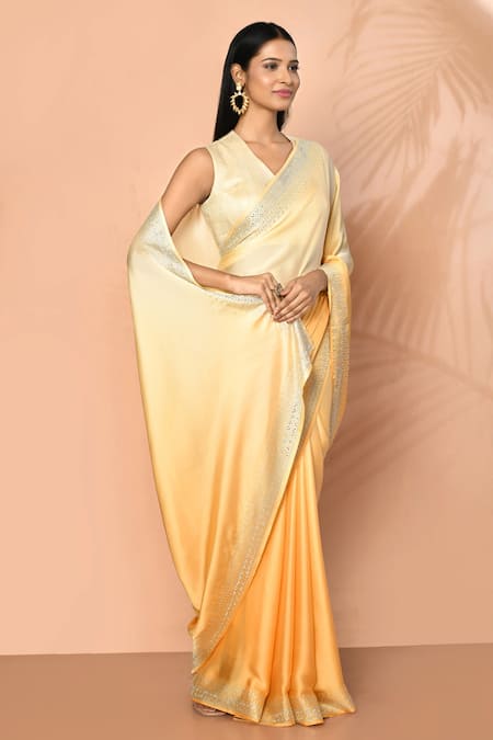Buy Orange Satin Stones Sunrise Ombre Saree With Running Blouse - Main Image