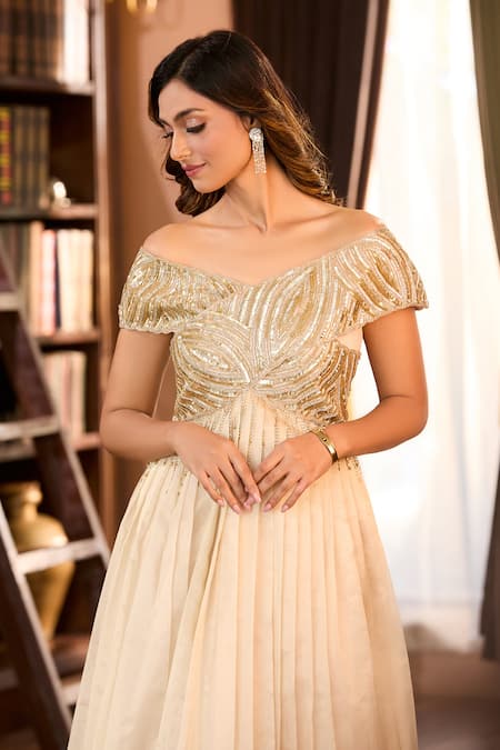 Buy_Aariyana Couture_Beige Tissue Embroidery Off-shoulder Golden Hand Pleated Gown_Online_at_Aza_Fashions