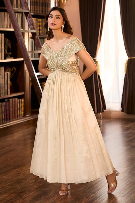 Shop_Aariyana Couture_Beige Tissue Embroidery Off-shoulder Golden Hand Pleated Gown_Online_at_Aza_Fashions