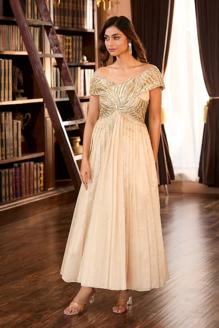 Aariyana Couture_Beige Tissue Embroidery Off-shoulder Golden Hand Pleated Gown_at_Aza_Fashions