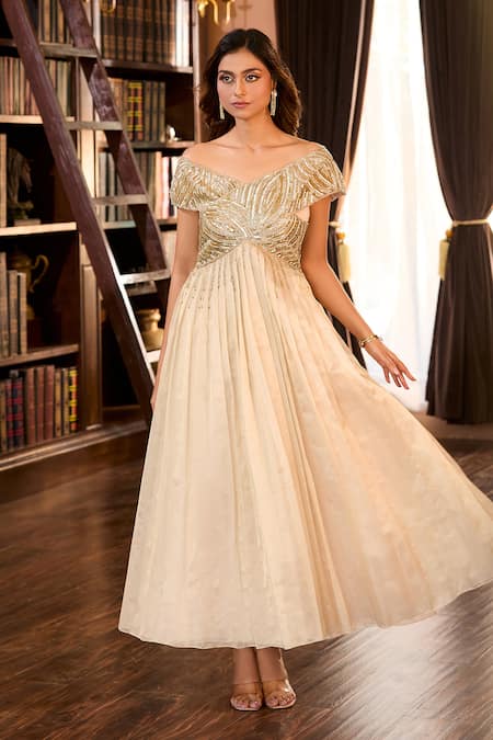 Buy_Aariyana Couture_Beige Tissue Embroidery Off-shoulder Golden Hand Pleated Gown