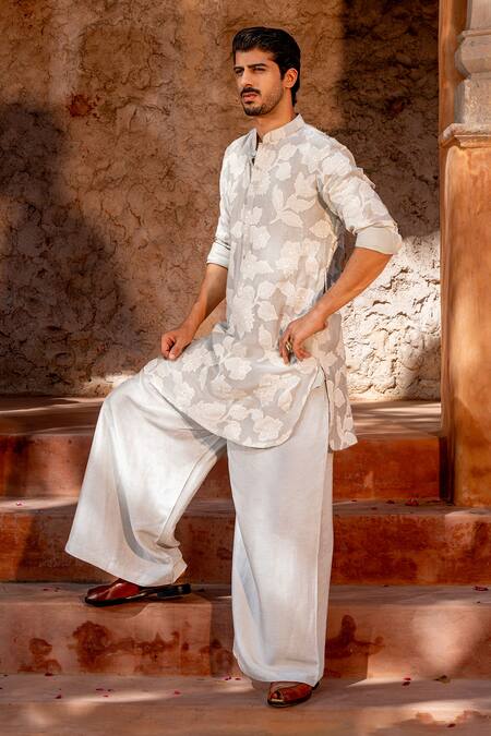 NAFS Gray Chanderi, Tussar, Silk Applique Embroidered Kurta Set 
