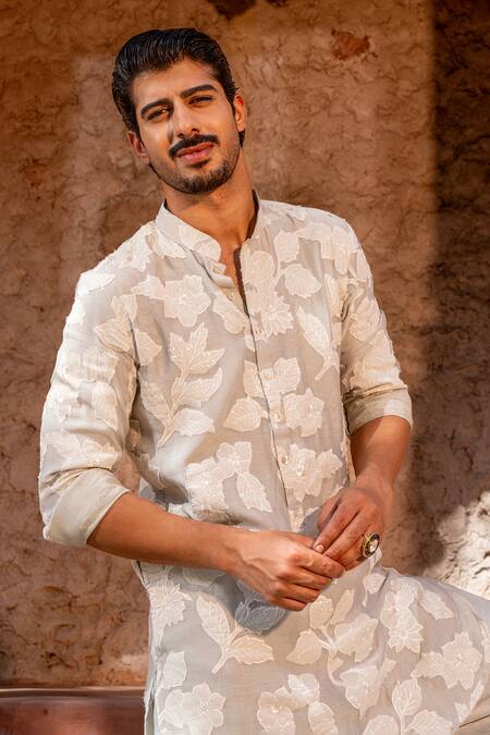 Nafs_Gray Chanderi, Tussar, Silk Applique Embroidered Kurta Set_Online_at_Aza_Fashions