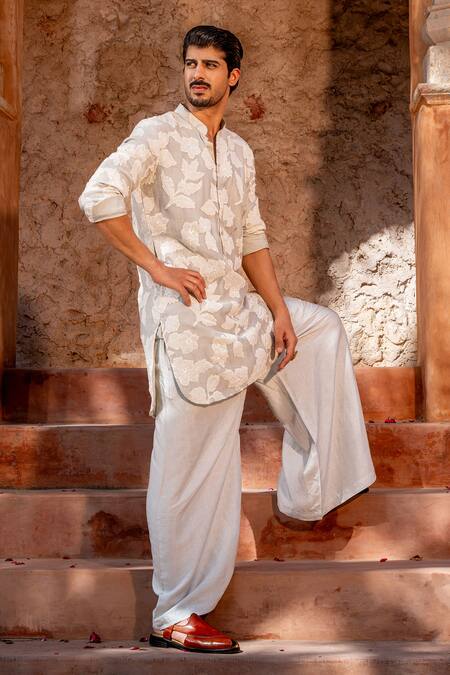 Buy_Nafs_Gray Chanderi, Tussar, Silk Applique Embroidered Kurta Set_Online_at_Aza_Fashions