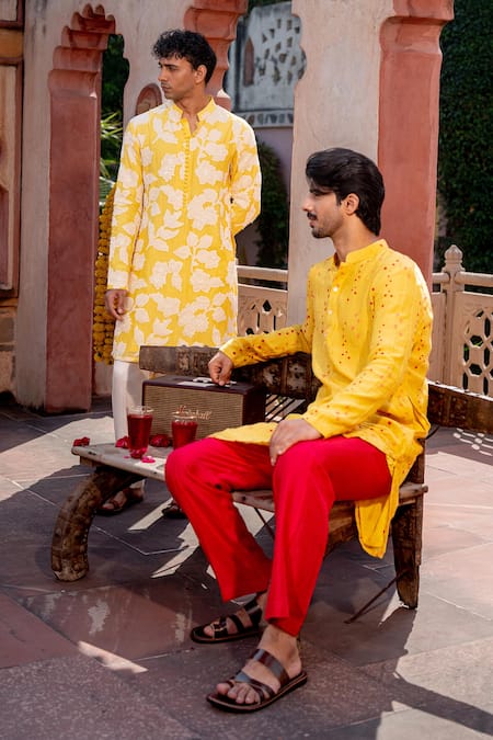Buy_Nafs_Yellow Chanderi Applique, Embroidery Floral Kurta Set _Online_at_Aza_Fashions