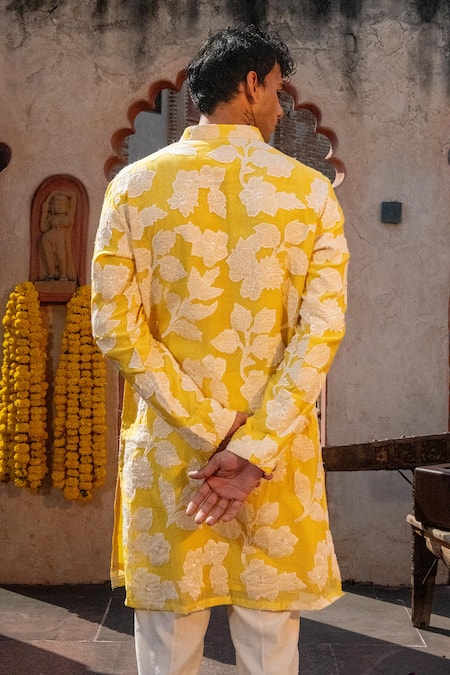 Nafs Yellow Applique Floral Kurta Set 