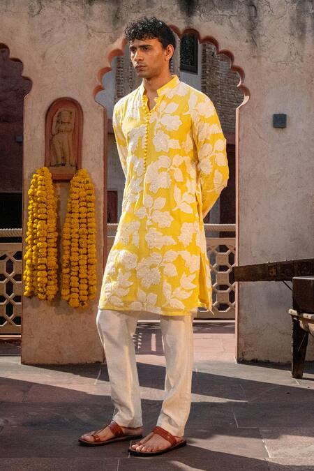 Shop_Nafs_Yellow Chanderi Applique, Embroidery Floral Kurta Set _Online_at_Aza_Fashions
