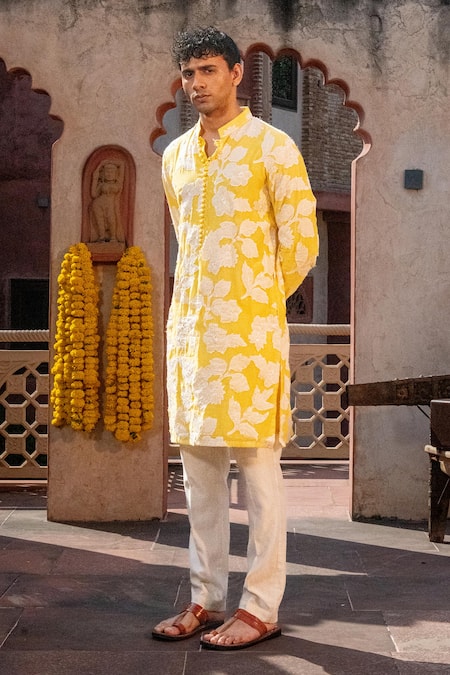 Buy_Nafs_Yellow Chanderi Applique, Embroidery Floral Kurta Set 