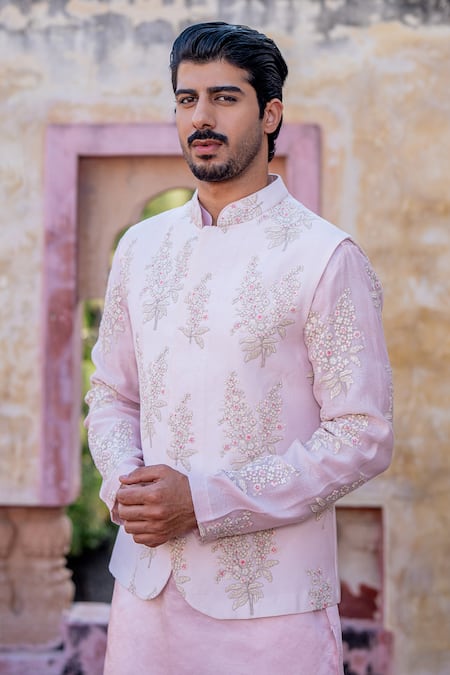 Nafs_Pink Chanderi, Satin, Linen Embroidery Floral Kurta Set _Online_at_Aza_Fashions