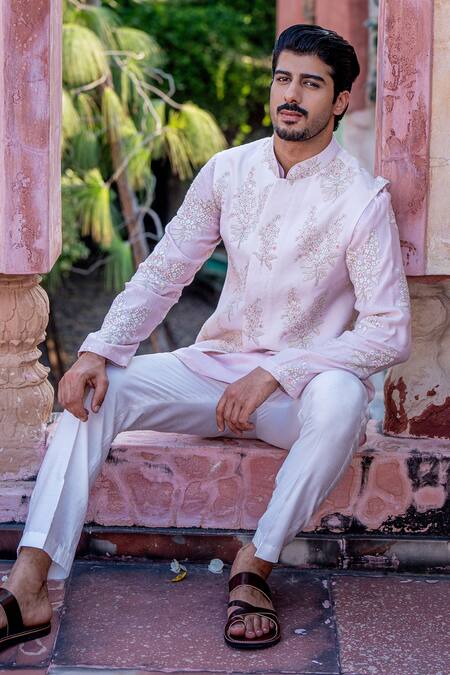 Shop_Nafs_Pink Chanderi, Satin, Linen Embroidery Floral Kurta Set _Online_at_Aza_Fashions