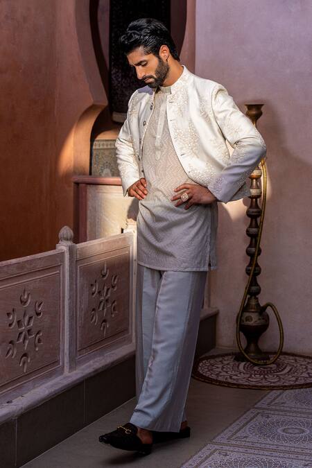 Nafs_Gray Chanderi, Tussar Embroidery Floral Kurta Set_Online_at_Aza_Fashions