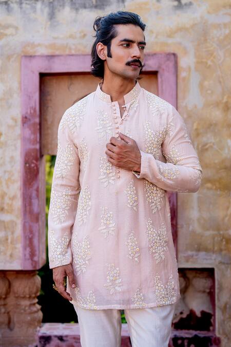 Nafs Pink Chanderi Embroidery Dusty Floral Kurta Set at Aza Fashions Nafs_Pink Chanderi Embroidery Dusty Floral Kurta Set _at_Aza_Fashions