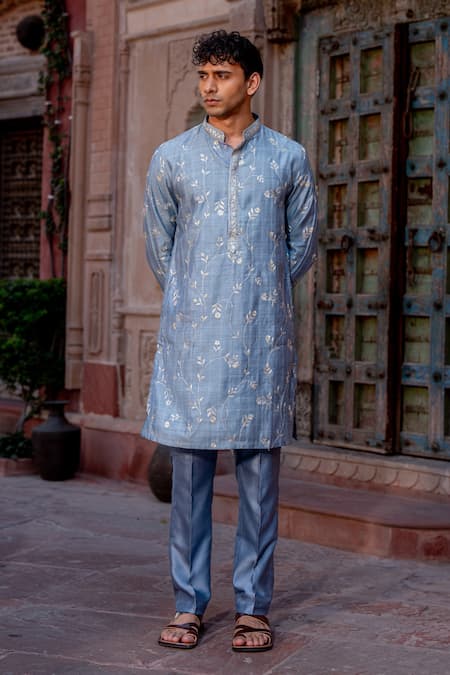 Shop Nafs Blue Chanderi Zari Steel Work Kurta Set at Aza Fashions Shop_Nafs_Blue Chanderi Zari Steel Work Kurta Set _at_Aza_Fashions