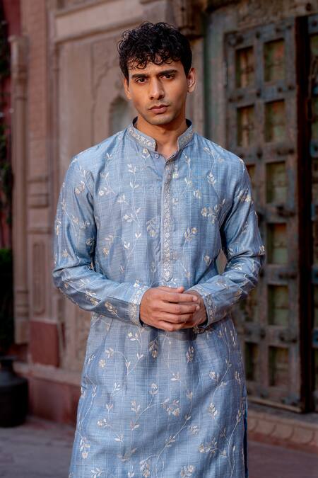 Nafs Blue Chanderi Zari Steel Work Kurta Set Online at Aza Fashions Nafs_Blue Chanderi Zari Steel Work Kurta Set _Online_at_Aza_Fashions