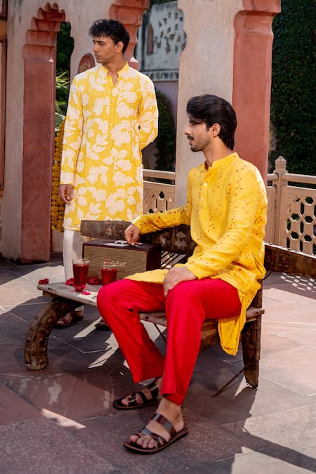 Buy_Nafs_Yellow Chanderi, Tussar, Silk Embroidery Thread Work Kurta Set _Online_at_Aza_Fashions