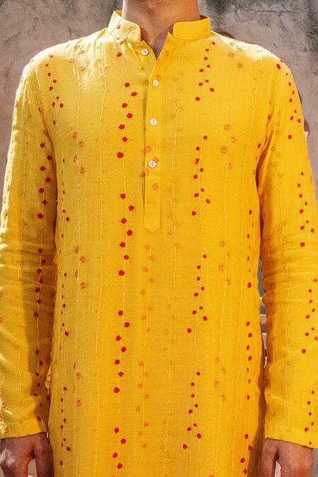 Shop_Nafs_Yellow Chanderi, Tussar, Silk Embroidery Thread Work Kurta Set _Online_at_Aza_Fashions