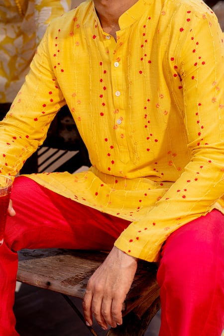 Nafs_Yellow Chanderi, Tussar, Silk Embroidery Thread Work Kurta Set _at_Aza_Fashions