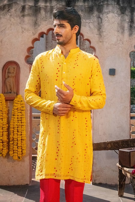 Buy_Nafs_Yellow Chanderi, Tussar, Silk Embroidery Thread Work Kurta Set 