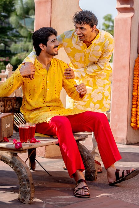 Shop_Nafs_Yellow Chanderi, Tussar, Silk Embroidery Thread Work Kurta Set 