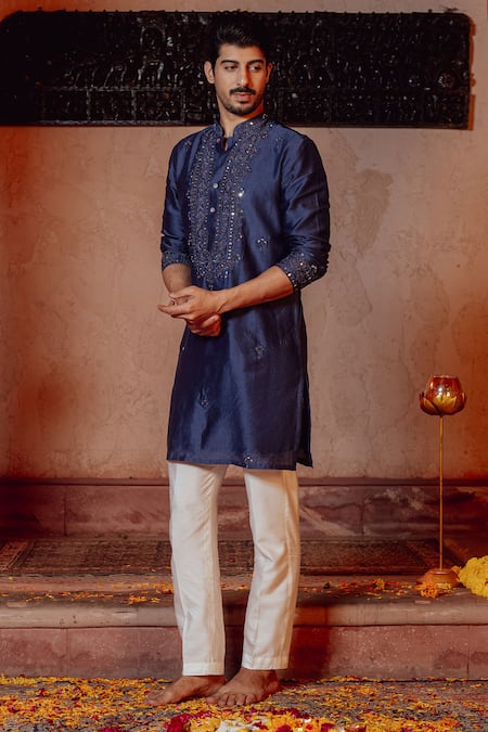 NAFS Blue Chanderi Mirrors Indigo Work Kurta Set 