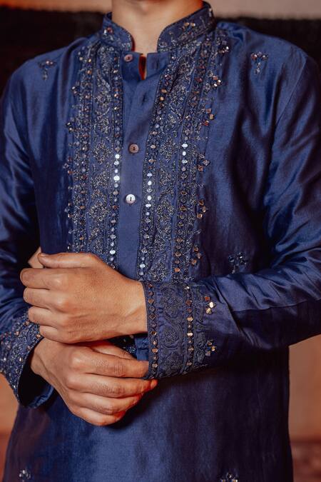 Nafs Blue Chanderi Mirrors Indigo Work Kurta Set Online at Aza Fashions Nafs_Blue Chanderi Mirrors Indigo Work Kurta Set _Online_at_Aza_Fashions