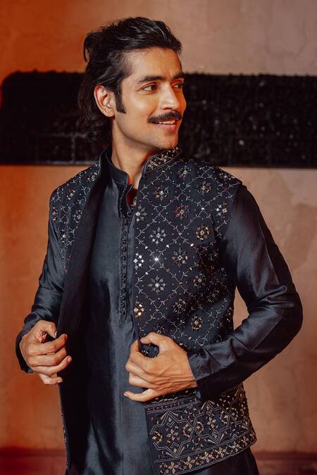 Nafs Blue Chanderi Embroidery, Mirrors Indigo Work Kurta Set Online at Aza Fashions Nafs_Blue Chanderi Embroidery, Mirrors Indigo Work Kurta Set _Online_at_Aza_Fashions