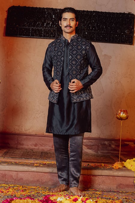 NAFS Blue Chanderi Embroidery, Mirrors Indigo Work Kurta Set 