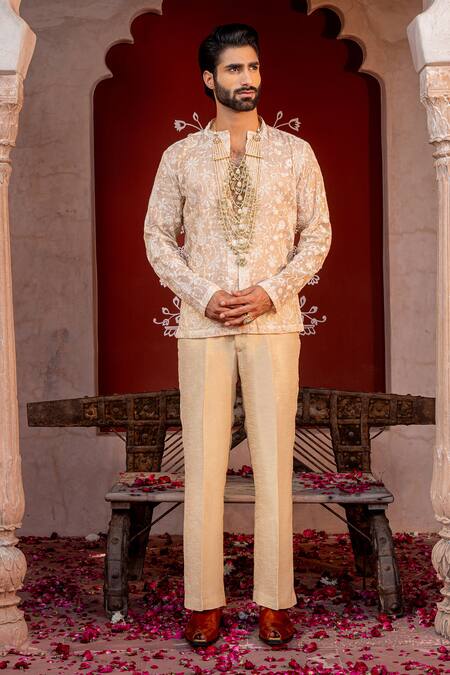 Nafs Cream Chanderi, Satin, Linen Embroidery Coffee Kurta Set Online at Aza Fashions Nafs_Cream Chanderi, Satin, Linen Embroidery Coffee Kurta Set _Online_at_Aza_Fashions
