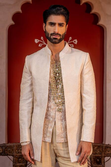 Shop Nafs Cream Chanderi, Satin, Linen Embroidery Coffee Kurta Set Online at Aza Fashions Shop_Nafs_Cream Chanderi, Satin, Linen Embroidery Coffee Kurta Set _Online_at_Aza_Fashions