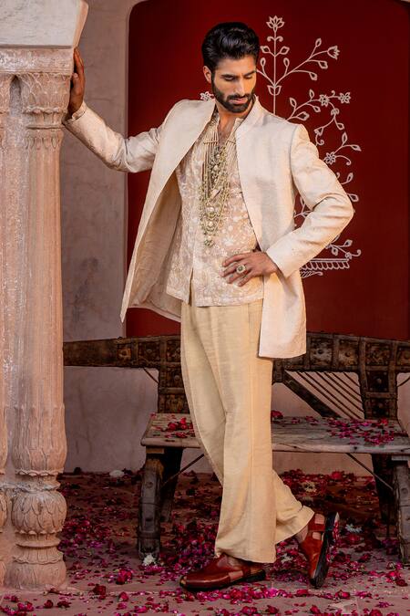 Nafs Cream Chanderi, Satin, Linen Embroidery Coffee Kurta Set at Aza Fashions Nafs_Cream Chanderi, Satin, Linen Embroidery Coffee Kurta Set _at_Aza_Fashions