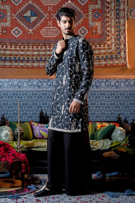 Nafs Black Chanderi, Silk, Tussar Embroidery Thread Kurta Set Online at Aza Fashions Nafs_Black Chanderi, Silk, Tussar Embroidery Thread Kurta Set _Online_at_Aza_Fashions