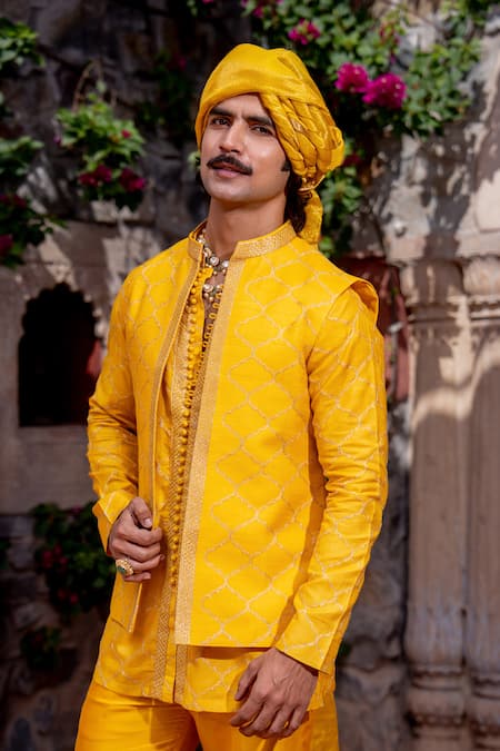 Shop Nafs Yellow Chanderi Embroidery Brocade Kurta Pant Set Online at Aza Fashions Shop_Nafs_Yellow Chanderi Embroidery Brocade Kurta Pant Set _Online_at_Aza_Fashions