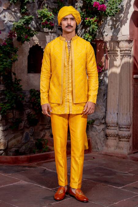 Nafs Yellow Chanderi Embroidery Brocade Kurta Pant Set at Aza Fashions Nafs_Yellow Chanderi Embroidery Brocade Kurta Pant Set _at_Aza_Fashions