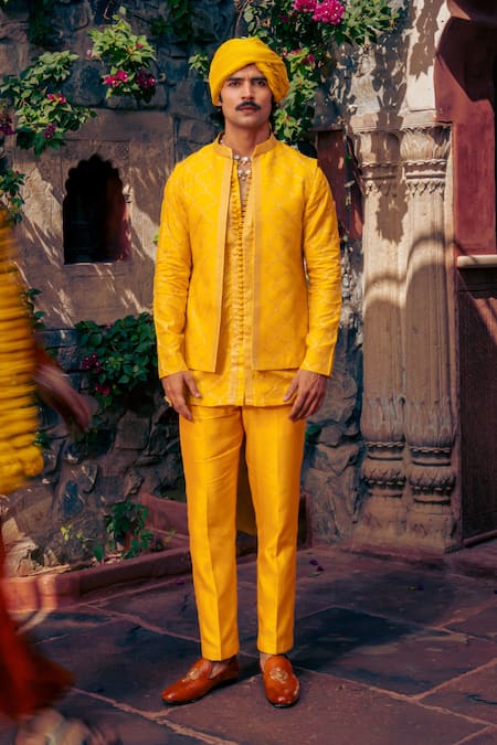 NAFS Yellow Chanderi Embroidery Brocade Kurta Pant Set 