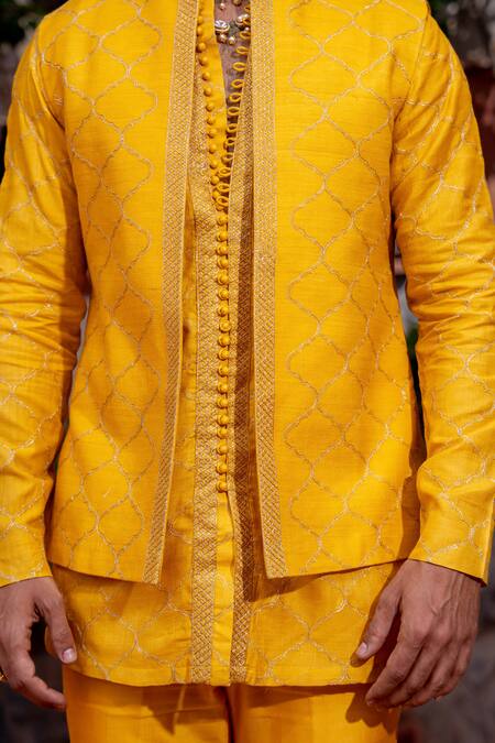 Buy Nafs Yellow Chanderi Embroidery Brocade Kurta Pant Set Buy_Nafs_Yellow Chanderi Embroidery Brocade Kurta Pant Set