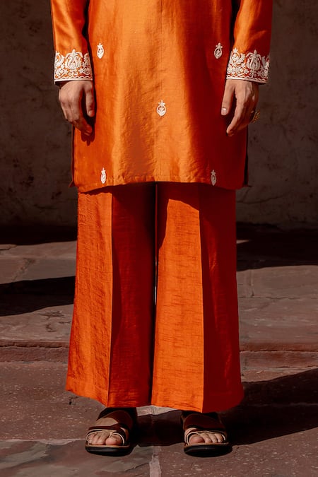 Buy_Nafs_Rust Chanderi, Tussar, Silk Embroidery Orange Kurta Set _Online_at_Aza_Fashions