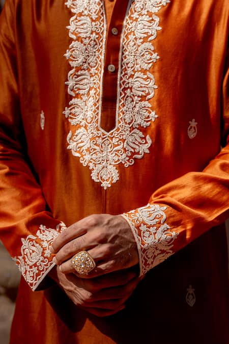 Shop_Nafs_Rust Chanderi, Tussar, Silk Embroidery Orange Kurta Set _Online_at_Aza_Fashions