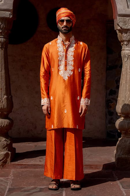 Nafs_Rust Chanderi, Tussar, Silk Embroidery Orange Kurta Set _at_Aza_Fashions