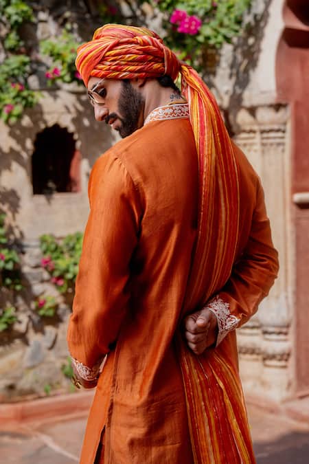 Buy_Nafs_Rust Chanderi, Tussar, Silk Embroidery Orange Kurta Set 