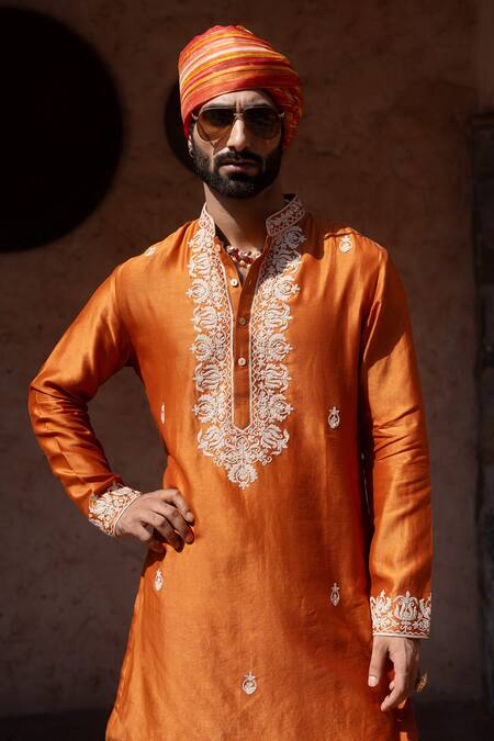 Shop_Nafs_Rust Chanderi, Tussar, Silk Embroidery Orange Kurta Set 