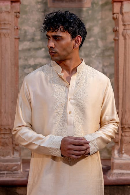 Shop Nafs Cream Chanderi, Tussar, Silk Embroidery Dori Work Kurta Set at Aza Fashions Shop_Nafs_Cream Chanderi, Tussar, Silk Embroidery Dori Work Kurta Set _at_Aza_Fashions